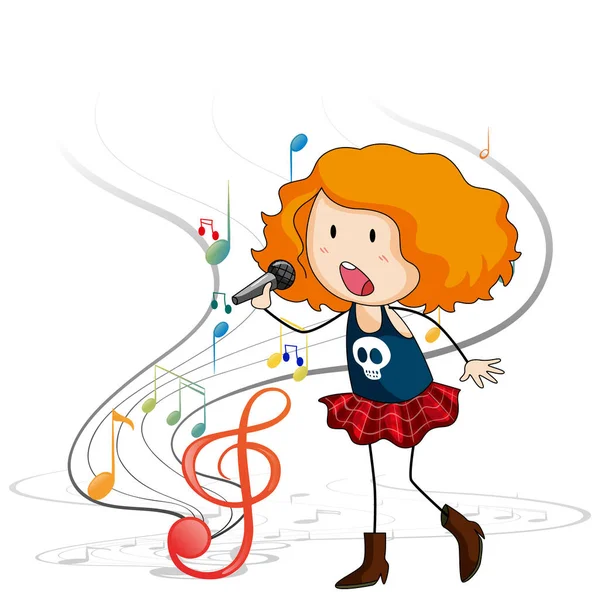 Doodle Cartoon Figur Eines Sängermädchens Singt Mit Melodie Symbole Illustration — Stockvektor