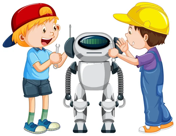 Dos Chicos Construyendo Robot Sobre Fondo Blanco Ilustración — Vector de stock