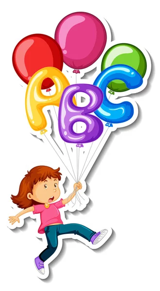 Sticker Vorlage Mit Einem Mädchen Das Mit Vielen Luftballons Fliegt — Stockvektor