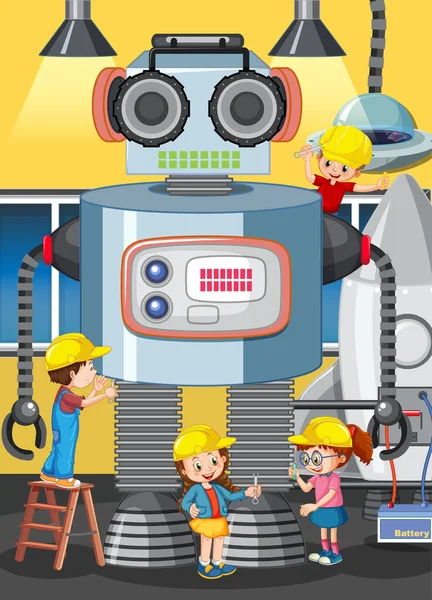 Scena Dziećmi Budowa Robota Razem Ilustracja — Wektor stockowy