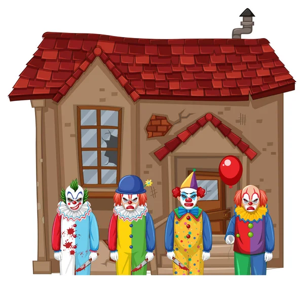 Griezelige Clowns Staan Voor Een Verlaten Huis Illustratie Rechtenvrije Stockvectors