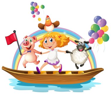 Girl and animals on boat clipart