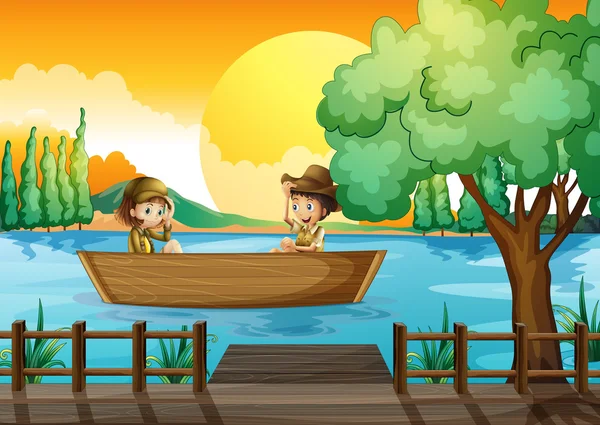 A boy and a girl at the boat — Stock Vector