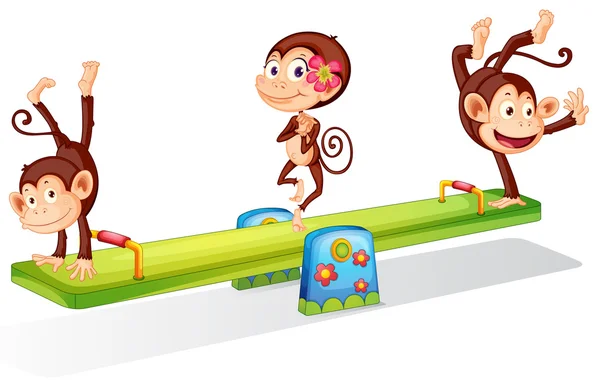 Three playful monkeys playing with the seesaw — Stock Vector