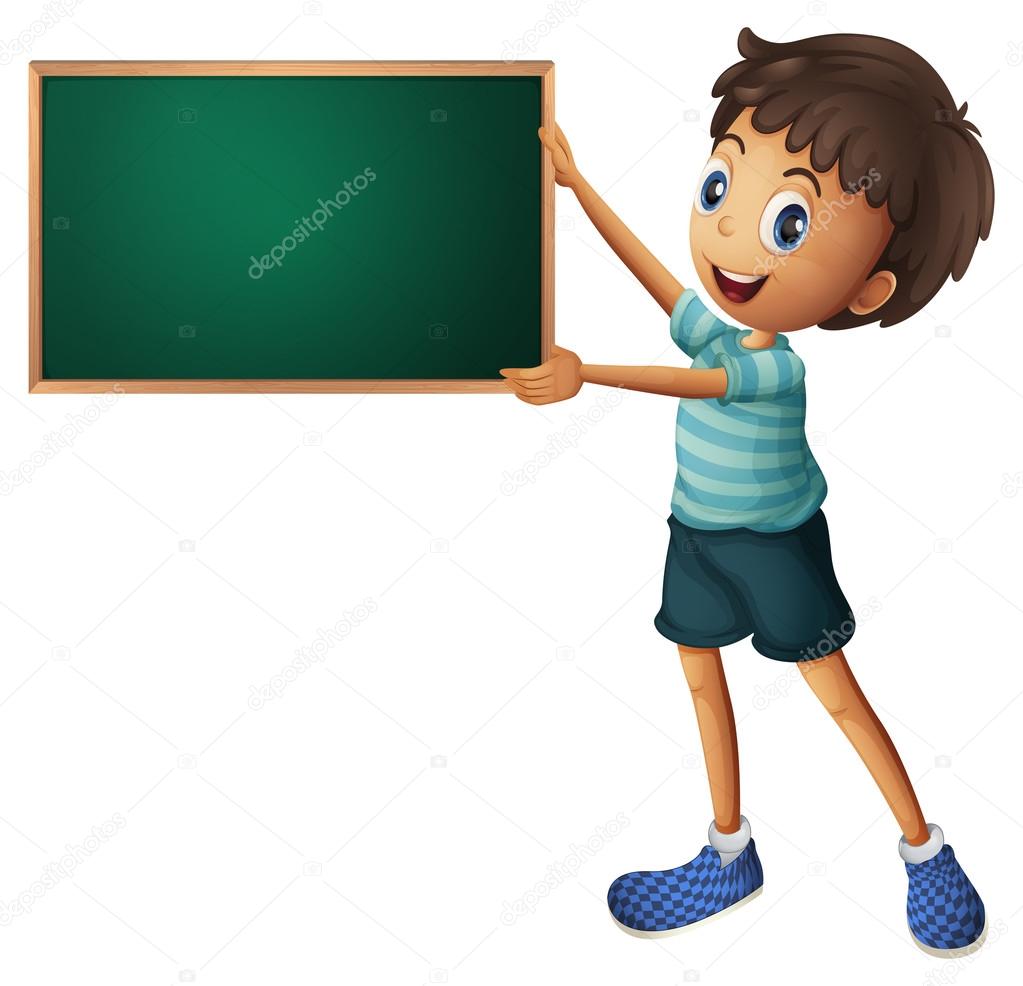 A boy holding an empty blackboard