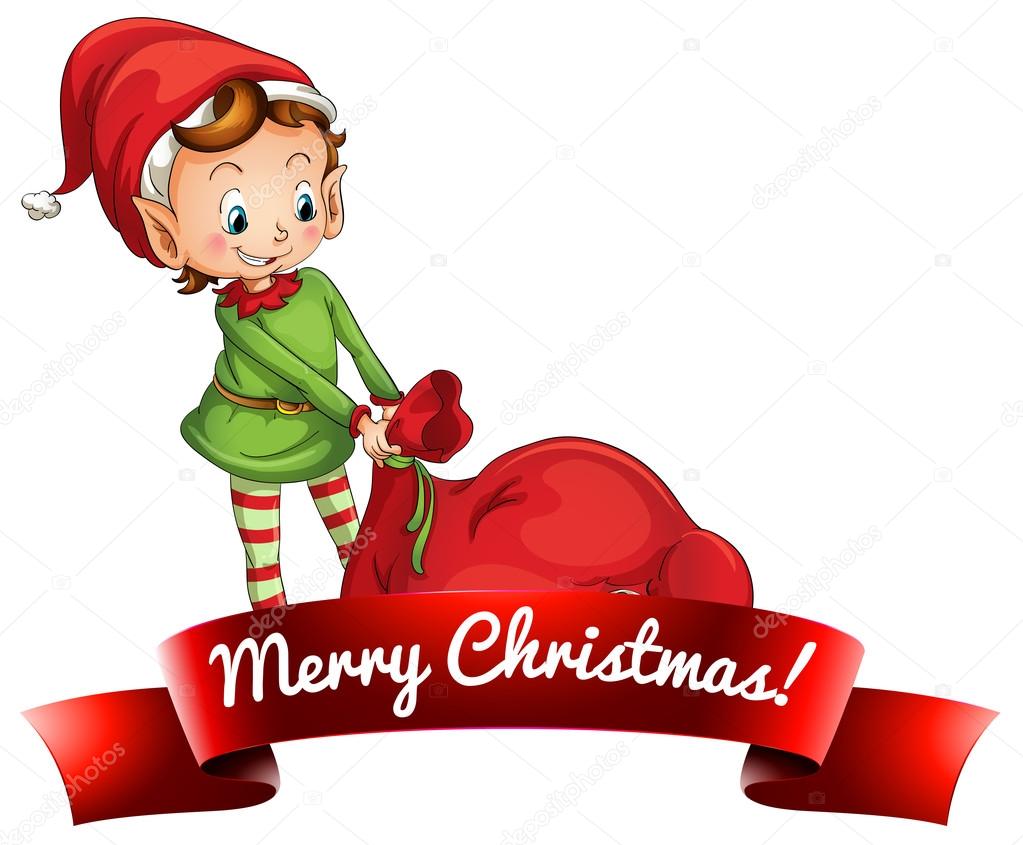 Elf pulling sack of toys Christmas label