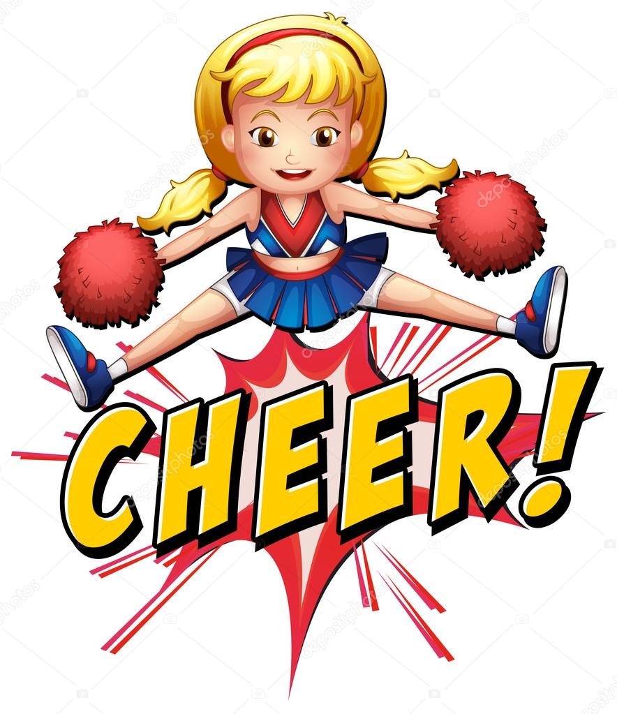 Cheerleader jumping over the word cheer