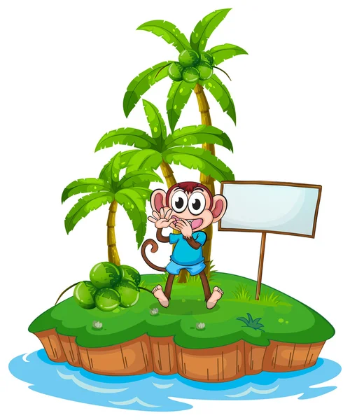 A happy monkey in the island with an empty signboard — Stock Vector