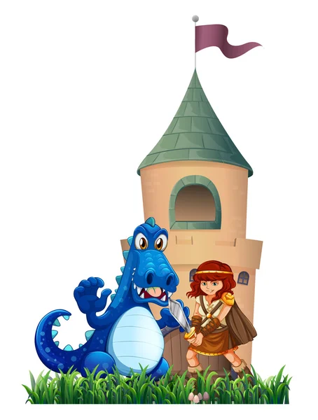 A woman and a dragon outside the castle — Stock Vector