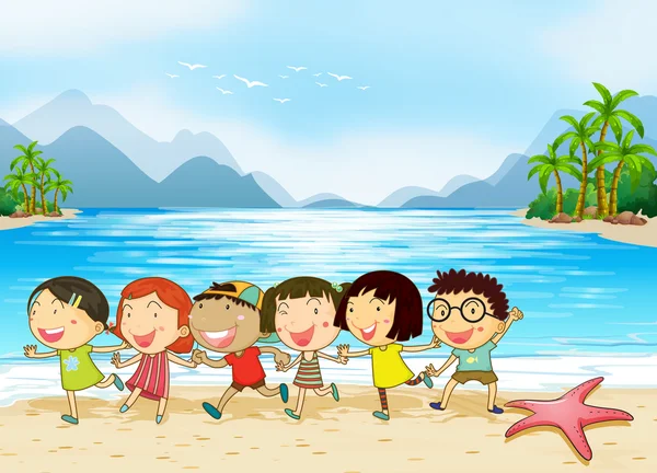 Niños en la playa — Vector de stock