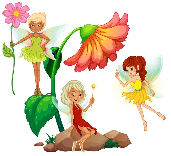 Trois fées et fleurs — Image vectorielle