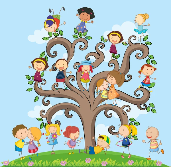 Kinderen en boom — Stockvector