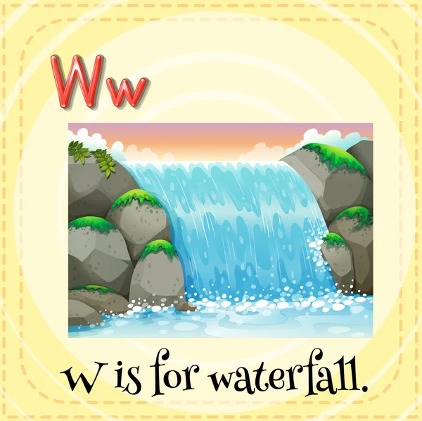 Flashcard letter W is voor waterval. — Stockvector