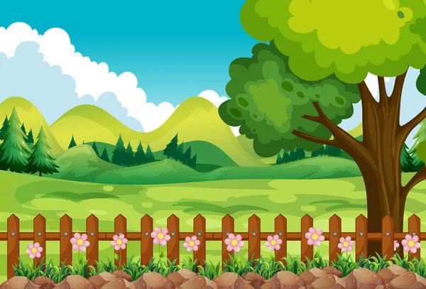Garden with field and flowers — Stock Illustration Garden with field and flowers Royalty Free Stock Illustrations
