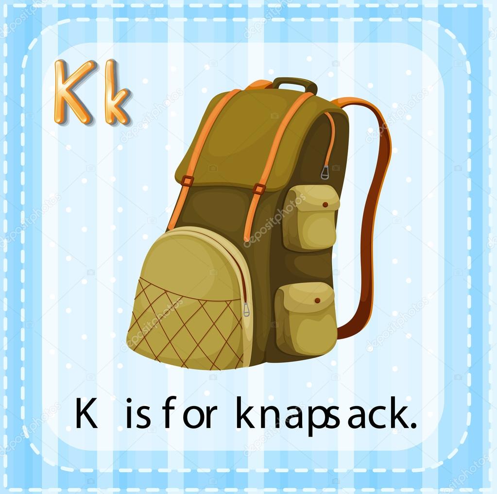 Flashcard letter K is for knapsack.
