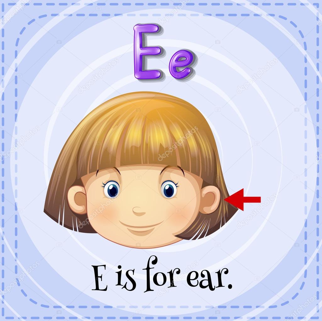 Flashcard letter E is for ear.