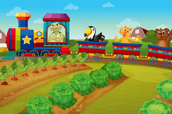 Тварини катаються на поїзді на фермі — стоковий вектор