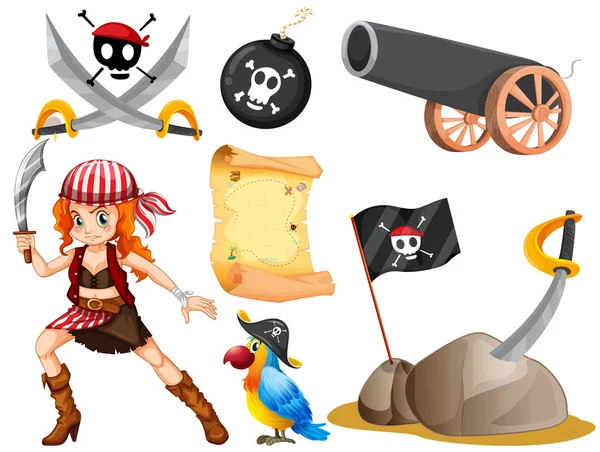 Female pirate and other symbols — Stock Vector