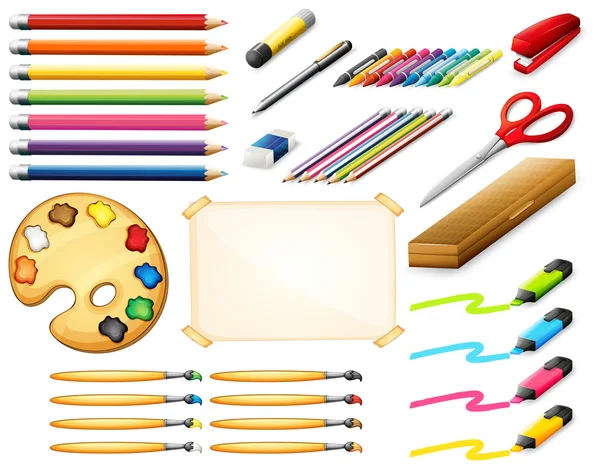 Conjunto estacionário com lápis de cor e objetos de arte — Vetor de Stock