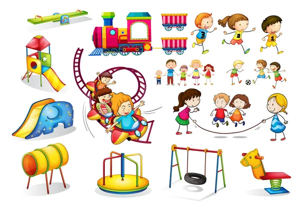 Barn som leker och lekplats set — Stock vektor