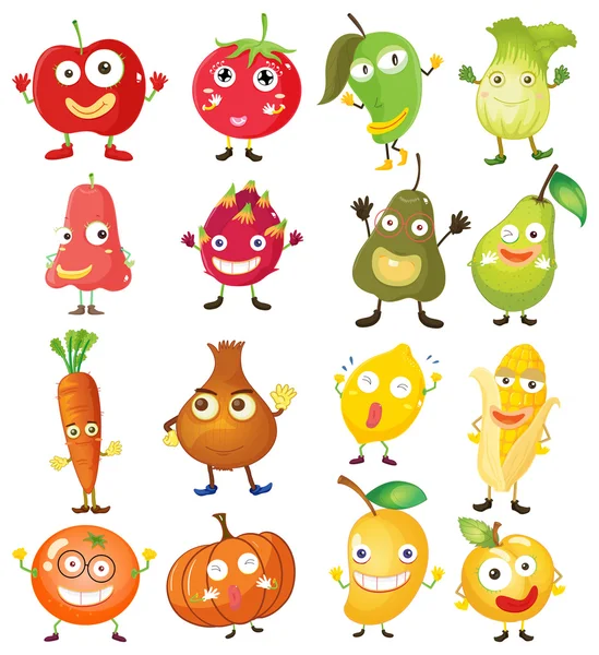 Frutas y verduras con la cara — Vector de stock