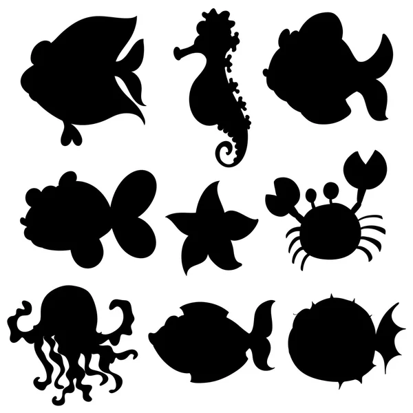 Conjunto de animales acuáticos en negro — Archivo Imágenes Vectoriales