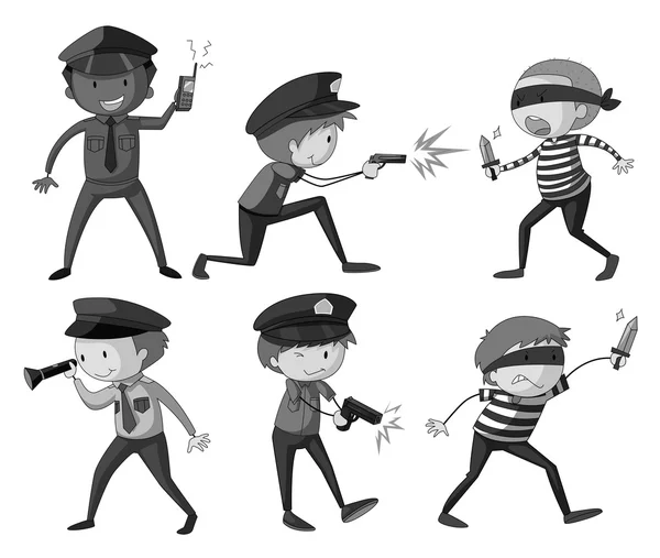 Policía y ladrones en blanco y negro — Vector de stock