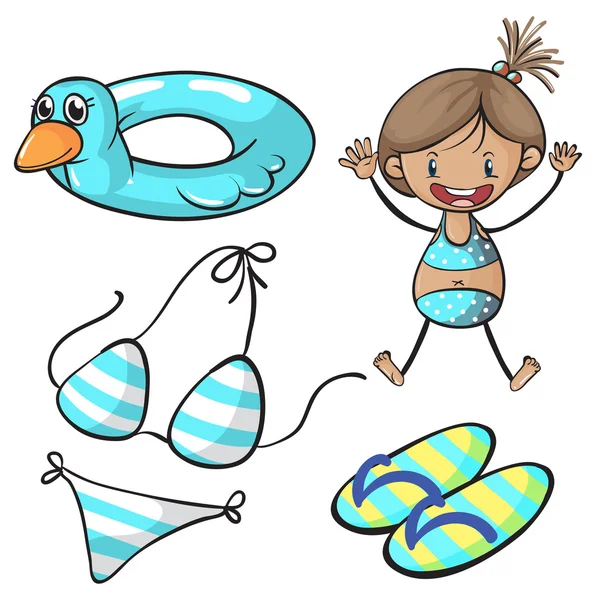 Chica en bikini y conjunto de natación — Vector de stock
