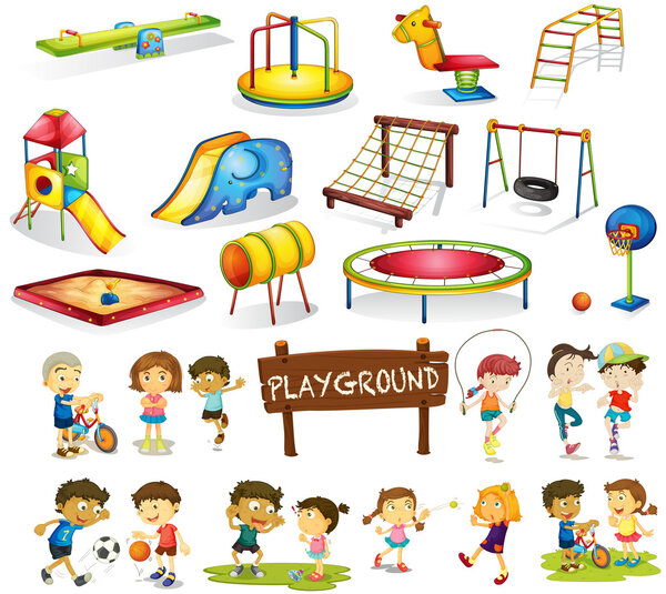 Children playing and playground set