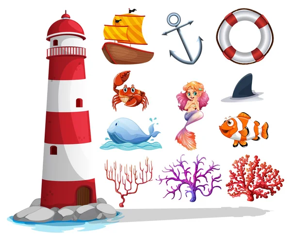 Lighthouse and other ocean things — Stock Vector