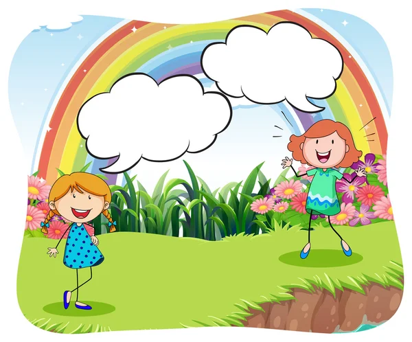 Girls in the park with bubble speech — Stock Vector