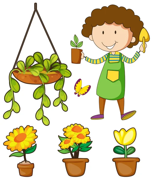 Gardener and potted plants — Stock Vector