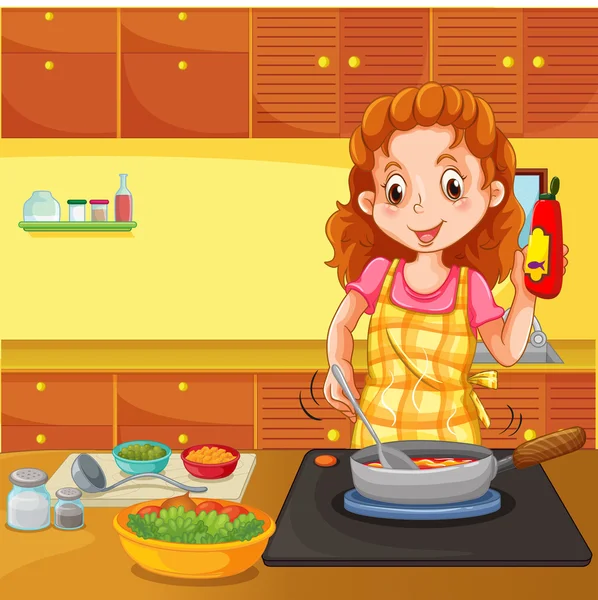 Vrouw koken in keuken — Stockvector
