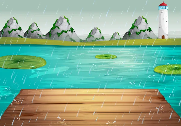 Lago escena durante la lluvia — Vector de stock