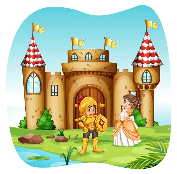 Knight en prinses met castel — Stockvector