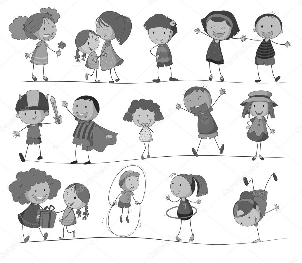 Set of children in black and white
