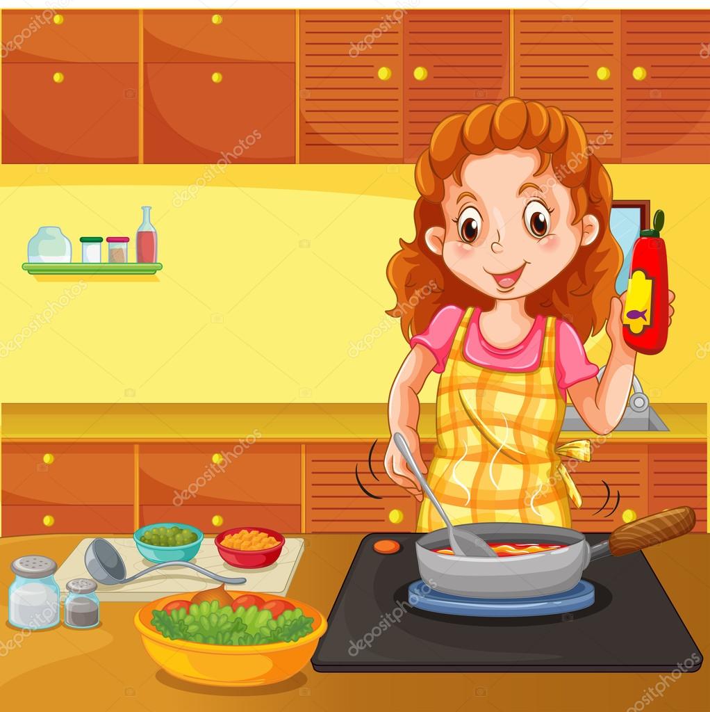 Woman cooking in kitchen Stock Vector by ©interactimages 82445122, image size:1022x1024