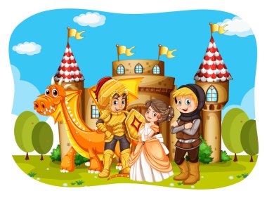 Princess and knights standing in front of the castle clipart