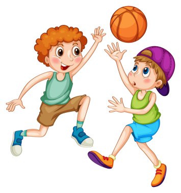 Basketbol oynayan iki çocuk.