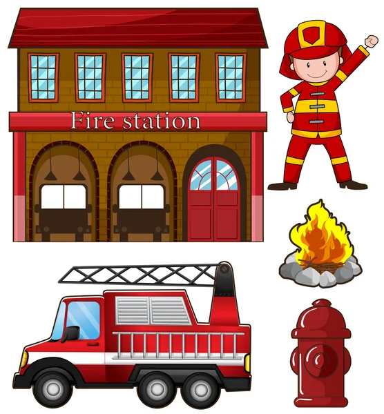 Fireman and fire station — Stock Vector