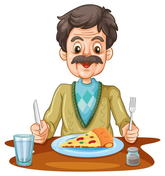 Old man eating pizza on the table — Stock Vector