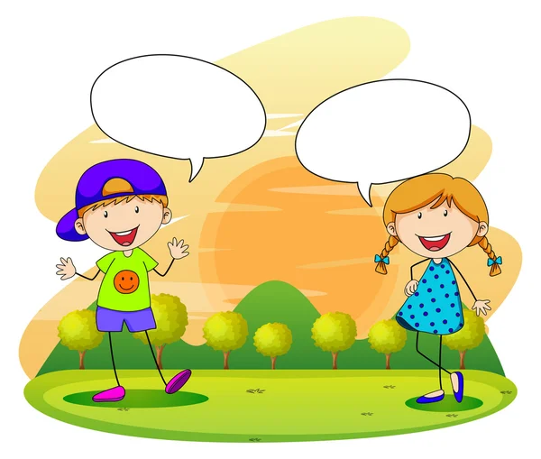 Menino e menina conversando no parque —  Vetores de Stock