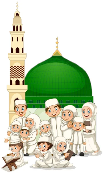 Famiglia musulmana di fronte alla moschea — Vettoriale Stock