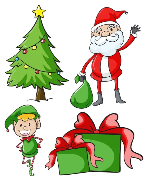 Babbo Natale e elfo vicino all'albero di Natale — Vettoriale Stock