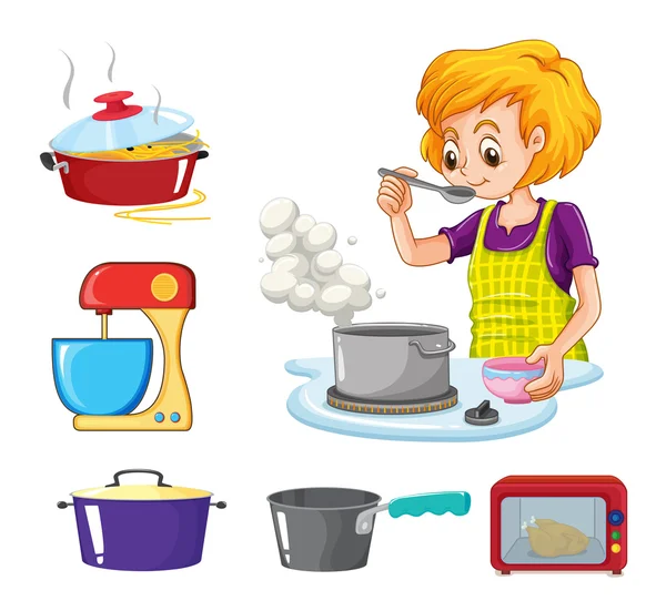 Woman cooking and other equipment — Stock Vector