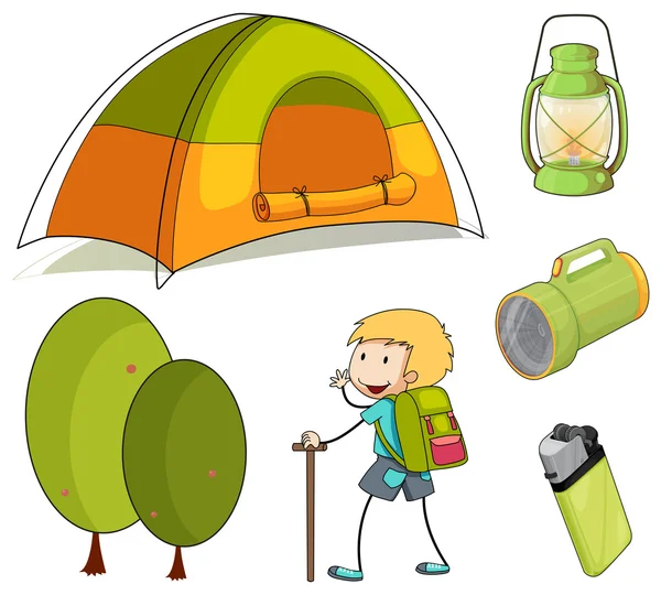 Hiking boy and camping equipments — Stock Vector