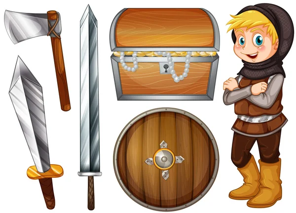 Knight with weapons and treasure — Stock Vector