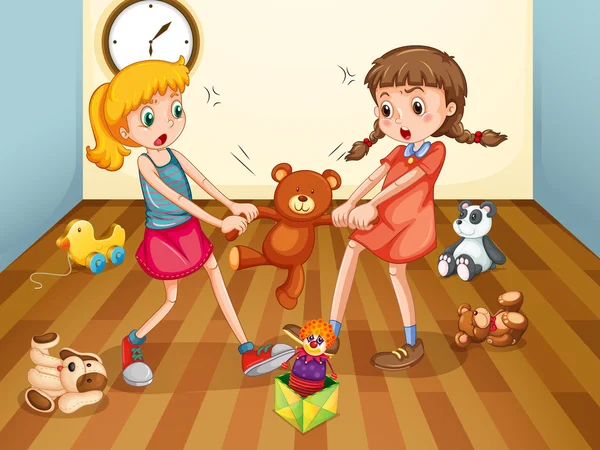 Girls fighting over teddy bear — Stock Vector