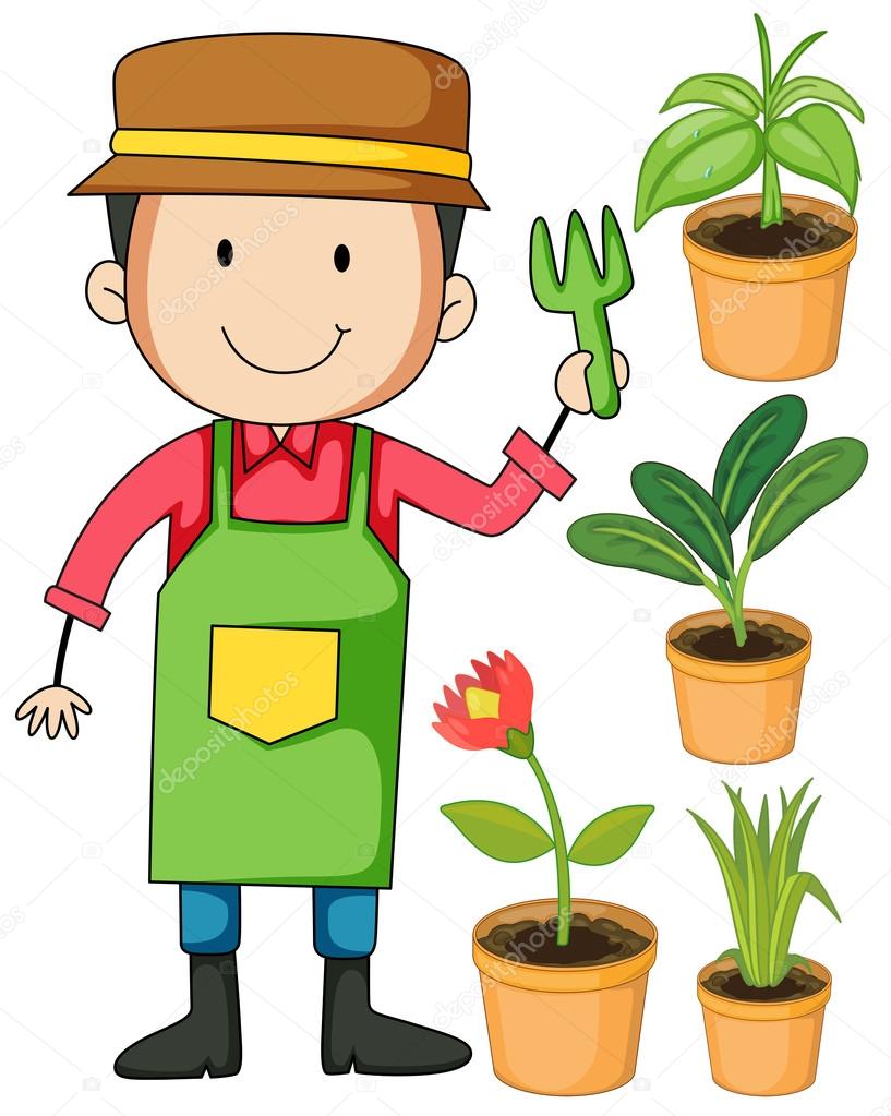 Gardener and potted plants