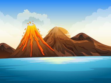 Volcano eruption by the lake clipart